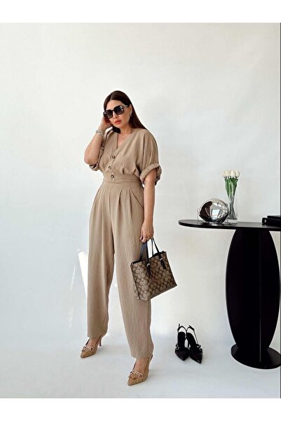 Maxcara Apparel Design Keten Yarasa Kol Düğmeli Tulum Kemersiz