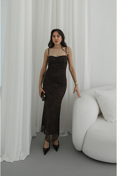 Havoş Καφέ φόρεμα με λουράκια και Δαντέλα λουράκια στο χέρι