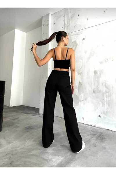 BİENAL BUTİK Owwa Women's High Waist Black Loose Jeans Stretchy Palazzo Lycra Denim Trousers