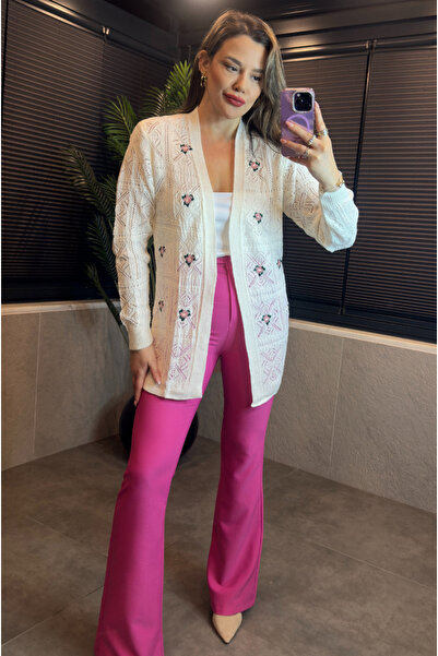 MİR STORE Ekru Çiçek Detaylı Önü Açık Delikli Mevsimlik İnce Triko Hırka