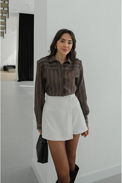 Havoş Brown Shirt with Button Detail on the Sides Striped