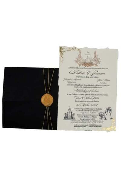 Fabricacucadouri.ro Pachet 50 Invitație de nuntă neagră cu sigiliu de ceară a...
