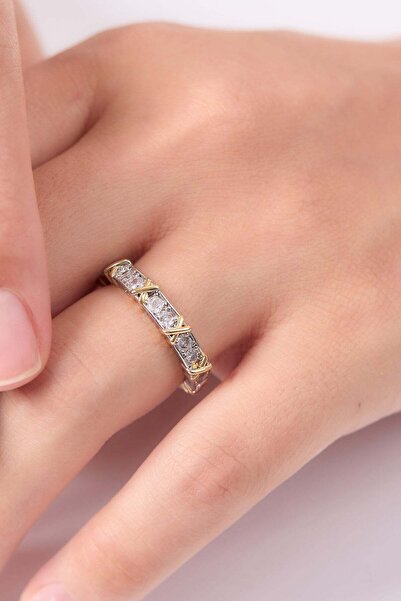 LooRen Butik خاتم زركون مرصّع بالأحجار بلونين مع تفاصيل X - تصميم أنيق وقابل ...