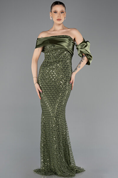 Abiyefon Haki Omuz Dekolteli Uzun Pullu Balık Abiye ABU5529