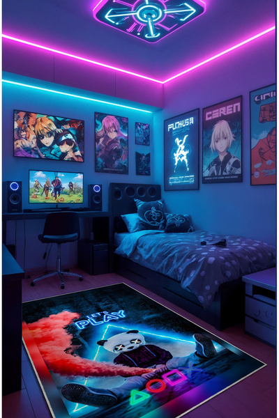 Artızon Dekoratif Kaymaz Taban Makinede Yıkanabilir Let's Play Panda Gamer Halı