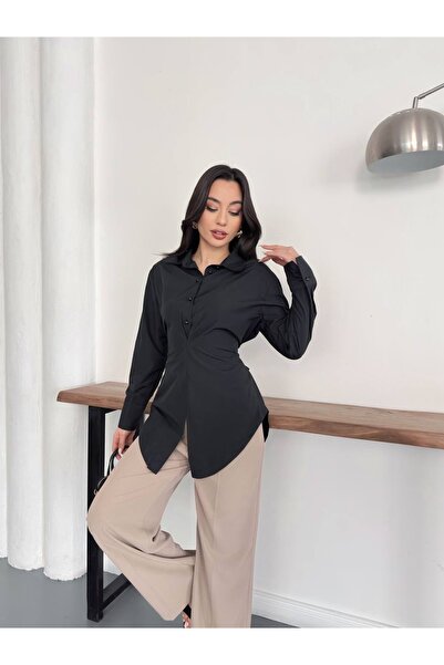 timagna Kadın Belden Oturtmalı Uzun Manşetli Arkadan Bağlamalı Şık Gömlek