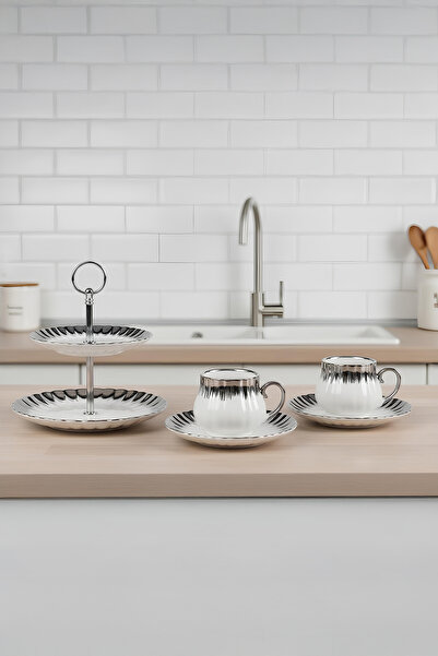 Home طقم تقديم القهوة من إنزو مكون من فنجانين من البورسلين الفضي وطبقين للتقديم