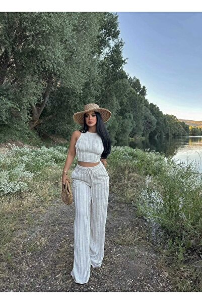 EVOA Women's Beige Halter Neck Cropped & Wide-Leg Pants Ruffle Detail Gagari Set