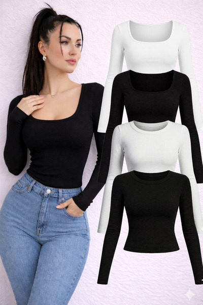 RİEMA Women's 4-Pack Long Sleeve Crew Neck Square Neck Slim Fit Corded Fabric...