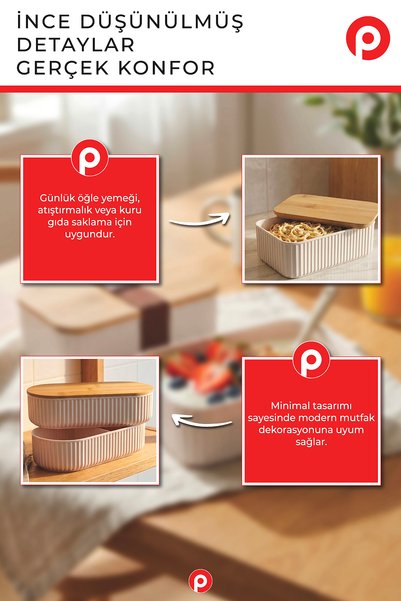 Pazarika Fitil Çizgili Bambu Kapaklı Lunch Box - 2 Katlı Bölmeli Okul ve Ofis Tipi Yemek Kabı