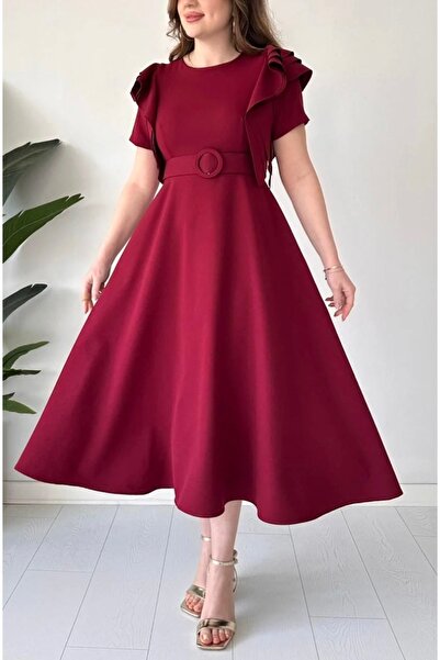 Dilek Vardar Burgundy Volan Shoulder Belt Piece Midi Dress