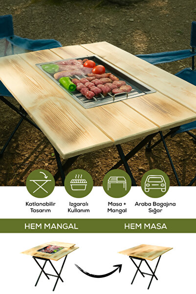 Empressco Katlanabilir Ahşap Piknik Masası ve Mangal Izgarası Çok Amaçlı Kamp...