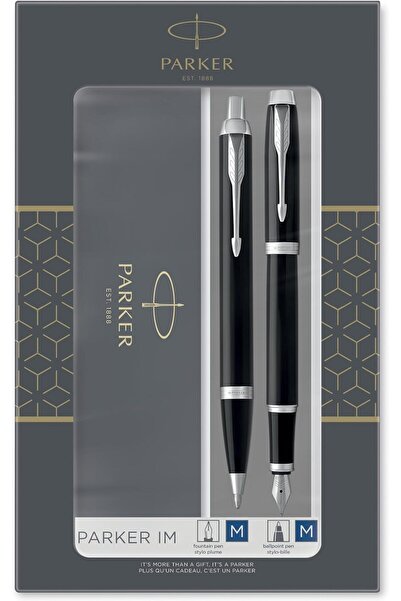 Parker IM Gift Set: Ballpoint & Fountain Pen, Glossy Black Finish, Chrome Tri...