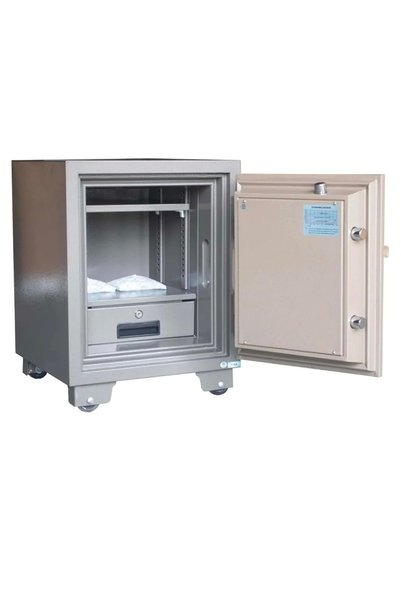 Protector Fire and burglar resistant key safe with wheels, featuring an internal drawer and removable shelf, weighing 100 kg