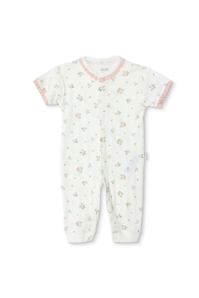 Bebetto Kız Bebek Tulum Çiçek Baskılı Çıtçıtlı Fırfırlı Yaka Kısa Kol Patiksiz