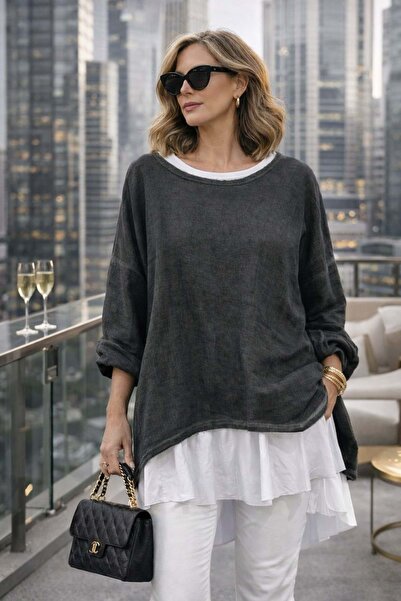 ibeeka Premium Layered Linen Oversized Blouse – Long Inner T-Shirt 2 Pieces -...