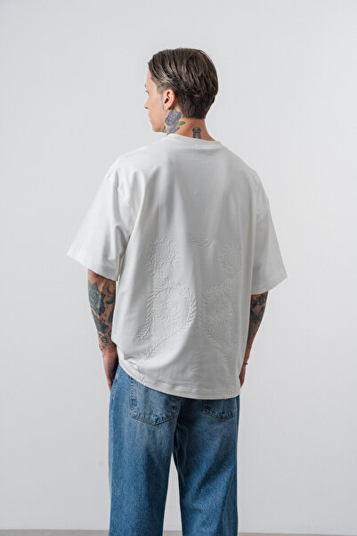 Respire Detaliu broderie spirală pentru bărbați supradimensionat tricou Ecru