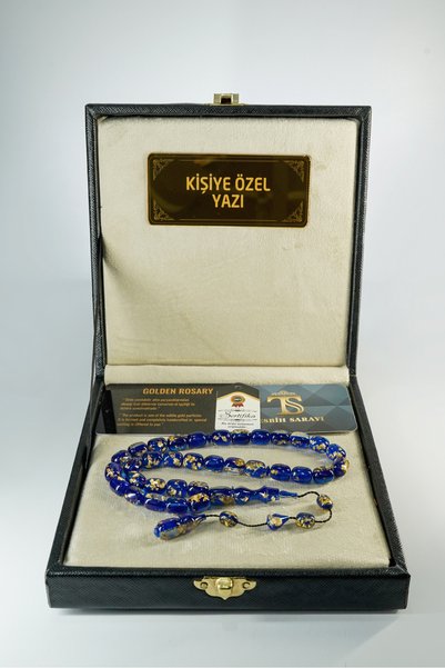 TESBİHSARAYI Golden Rosary - with Gold Particles - Golden Rosary - Name Can Be Engraved on the Outside, with a Square Box