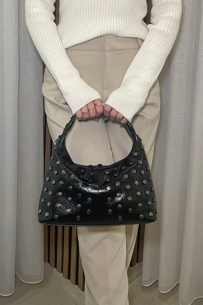 Fibag Women's Black Studded Detail El Ve Shoulder Bag - Soft Leather - Daily Bag