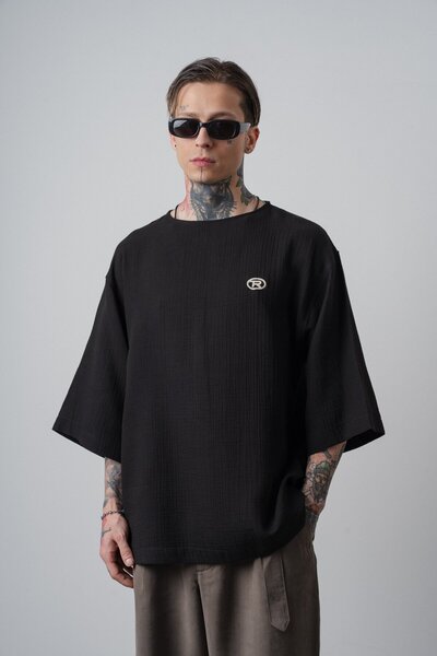 Respire Erkek R Nakışlı Fakir Kol Müslin Oversize T-Shirt Siyah