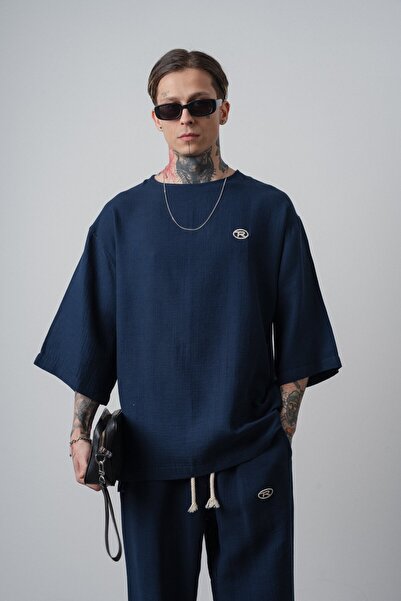 Respire Muški R Vezena Fakir rukav muslin Oversize kroj T-shirt tamnoplava