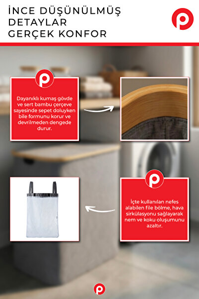 Pazarika Lüks 150 LT Çift Bölmeli Çamaşır Sepeti - Kapaklı ve İç Torbalı Modern Banyo Düzenleyici