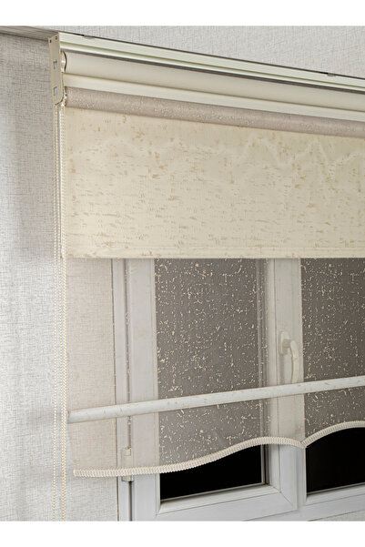 bizdenperde Çift Mekanizmalı Çizgili Kum Beji Tül Ve KARARTMA BLACKOUT Güneşl...