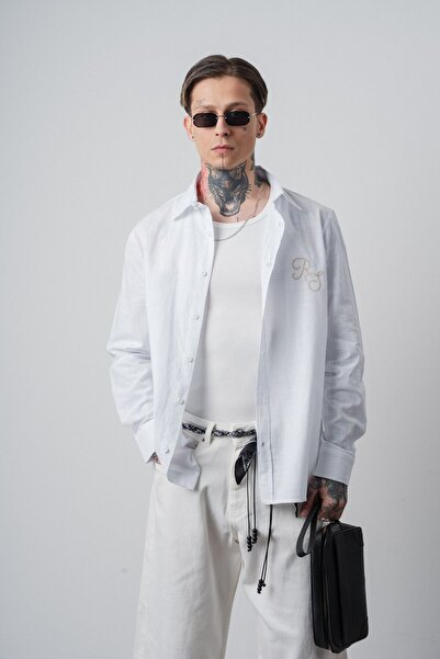 Respire Cămașă cu mânecă lungă brodată pentru bărbați in supradimensionat Albă