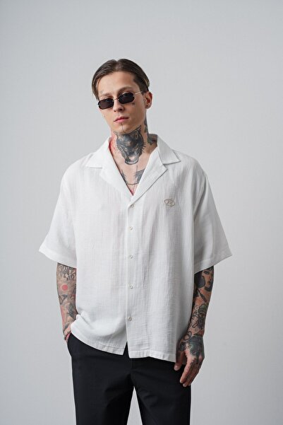 Respire Cămașă pentru bărbați cu mânecă scurtă, brodată, din muselină supradi...