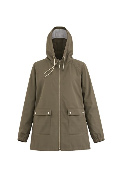 bacc Khaki hooded zip-up rain jacket with double pockets