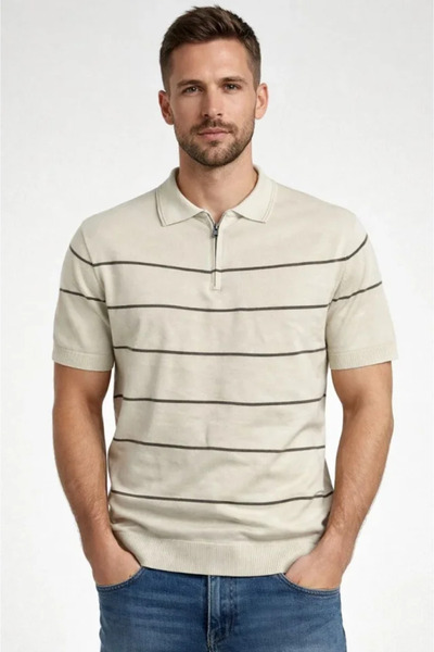 civetta Men's T-Shirt Striped Knitwear Woven Fabric Polo Collar Half Zipper R...