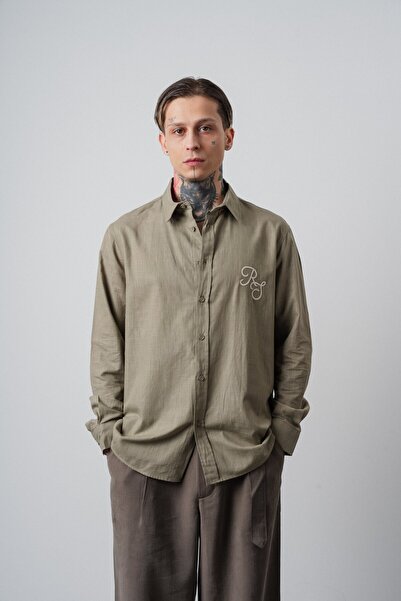 Respire Muška košulja Res Vezena dugih rukava Lan Oversize kroj kaki