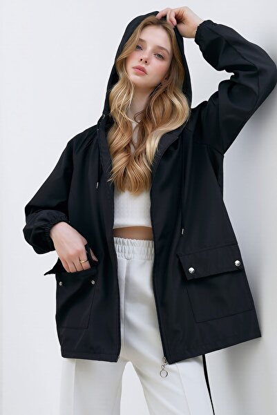 bacc Black Hooded Zippered Double Pocketed Raincoat Jacket Bchnv-261269