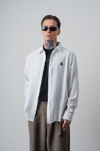 Respire Cămașă cu mânecă lungă RS brodată pentru bărbați, albă, supradimensionat