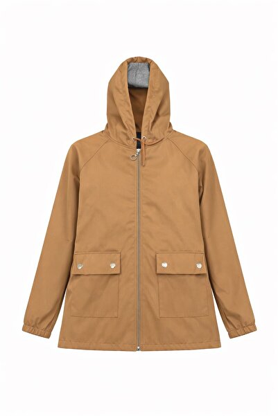 bacc Tan hooded zip-up rain jacket with double pockets
