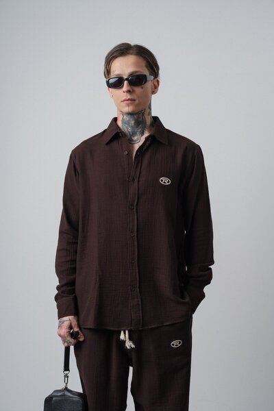 Respire Ανδρικό πουκάμισο R Με κέντημα μακρυμάνικο μουσελίνα oversized σκούρο...