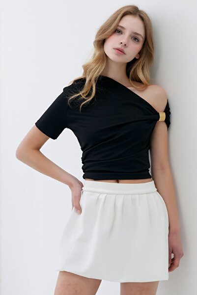 bacc Black Asymmetric Collar Draped Sandy Blouse with Shoulder Accessories Bc...