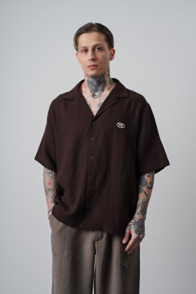 Respire Cămașă pentru bărbați R cu mânecă scurtă brodată din muselină supradi...