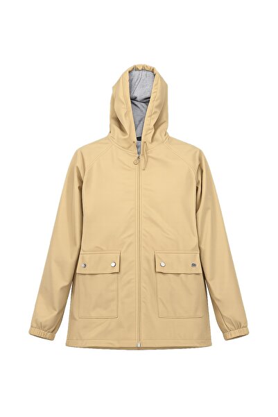 bacc Beige hooded zippered double pocket raincoat jacket