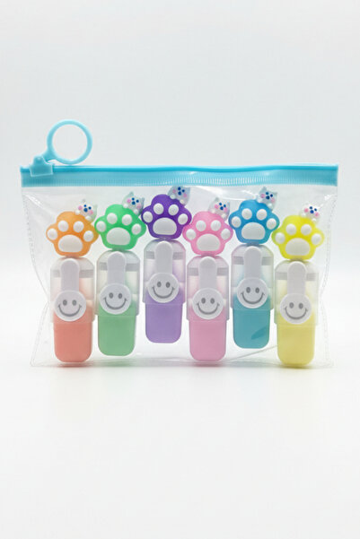 Gökyüzü ışığı Sevimli Kedi Başlıklı Mini Fosforlu Keçeli Kalem-6lı Set-fosfor06