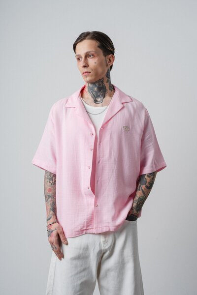 Respire Erkek R Nakışlı Kısa Kollu Müslin Oversize Gömlek Pembe