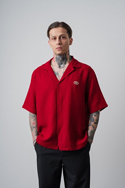 Respire Cămașă pentru bărbați R cu mânecă scurtă brodată din muselină supradi...