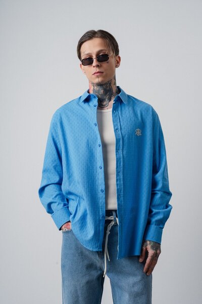 Respire Men's Star Embroidered Long Sleeve Oversized Shirt Indigo