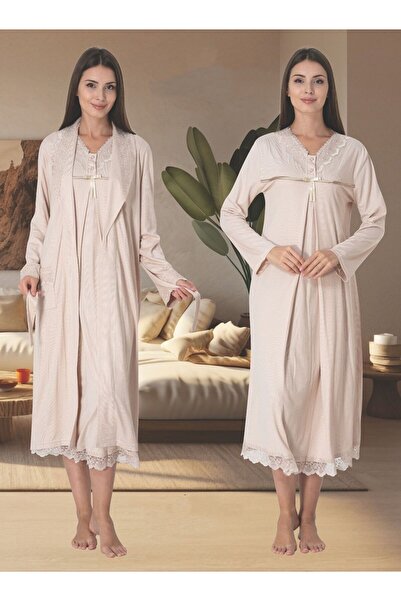 Effortt Dvina Maternity Lace Detailed Dressing Gown and Nightgown Set - Set o...