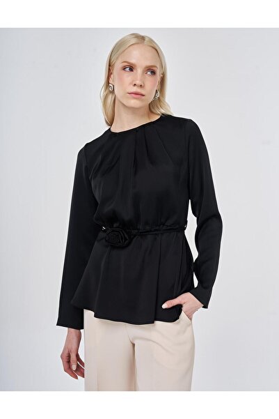 Kayra Rose Motif Satin Blouse Black