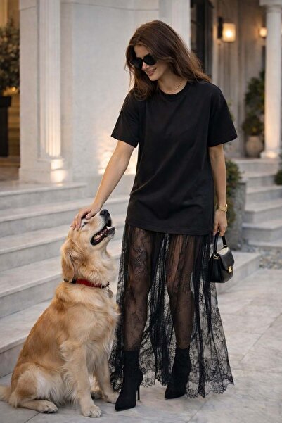 ibeeka Midnight Lace Dress Minimal Top & Lace Sheer Maxi Bottom - Black - S