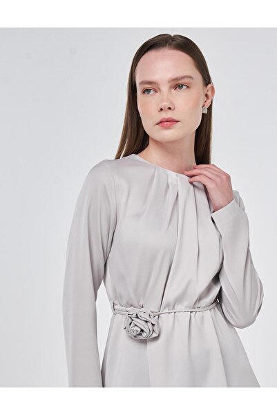 Kayra Rose Motif Satin Blouse Light Gray