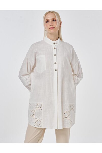 Kayra Shiny Buttoned Gofreli Tunic Off-White