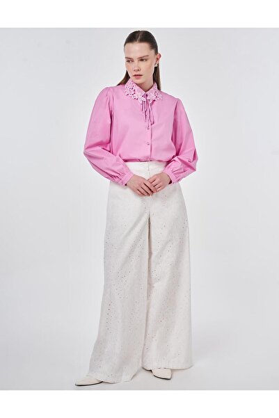 Kayra Elastic Waist Embroidered Trousers Ecru