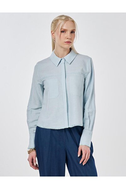 KYR Striped Eyelet Embroidery Lu Cotton Linen Blouse Blue